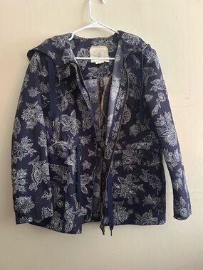 Anthropologie Floral Print Hooded Utility Jacket in Navy